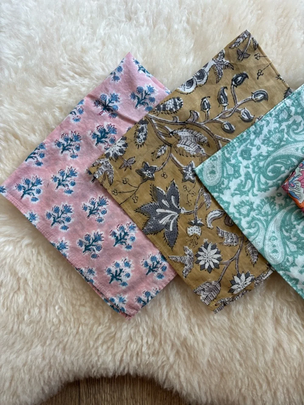 Set of 5 Block Print Cotton Napkins Floral Paisley Boho Coastal 16” Square